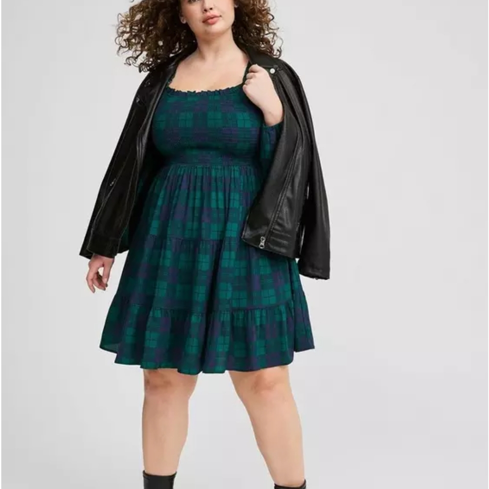 Torrid Plaid Mini Challis Puff Sleeve Smocked Dress